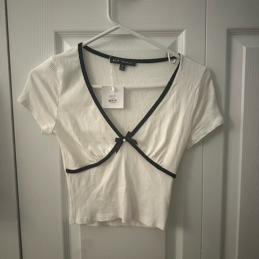 Blue Blush White Crop Top with Black Trim